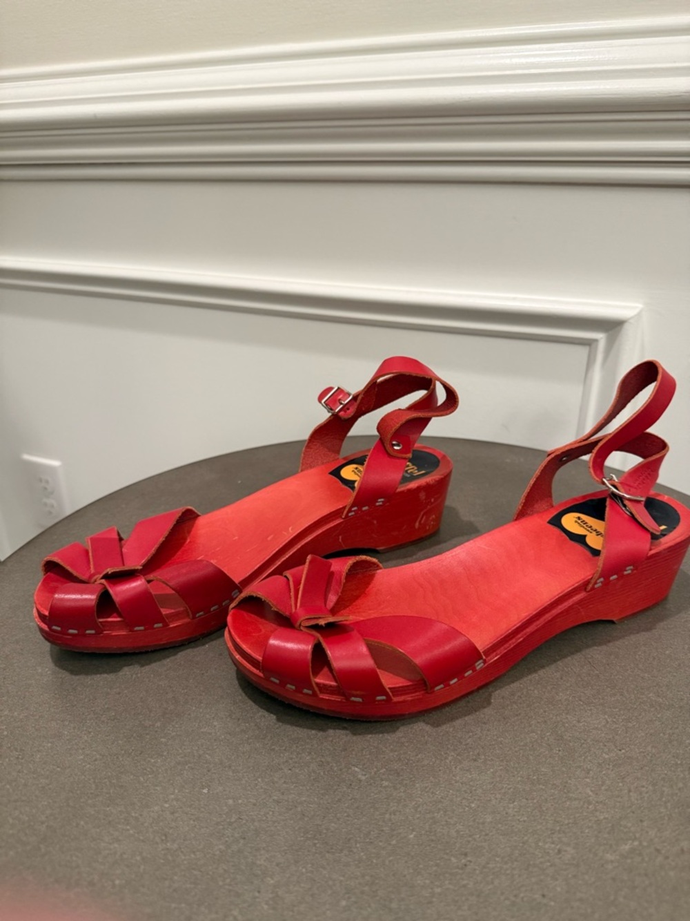 Swedish Hasbeens Red Bow Peep-Toe Sandals with Ankle Strap - Picture 3 of 9